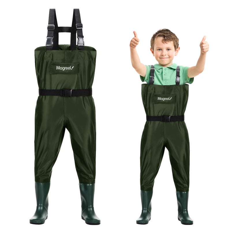 Magreel Kids Chest Waders Waterproof Nylon/PVC Youth Waders with Boots Fishing & Hunting Waders for Toddler & Children, Boys & Girls, Army Green, Age 6/7 year - Image 1